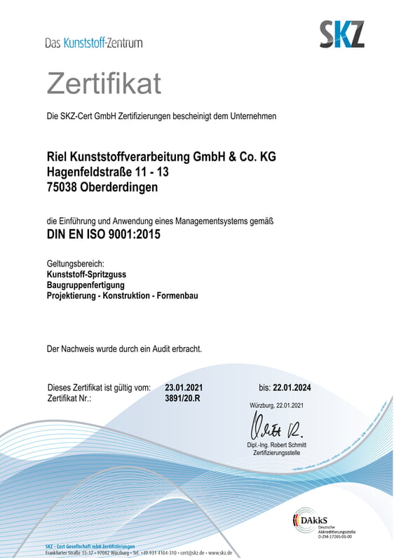 RIEL Qualitätszertifikat ISO 9001:2015