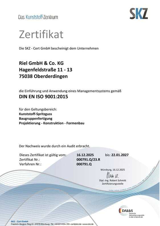 RIEL Qualit&auml;tszertifikat ISO 9001:2015